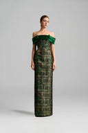 Off-Shoulder Metallic Jacquard Column Gown with Symmetric Bows for women, from IHF ATELIER, The Viet Concept 