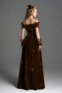 IHF STUDIO • Noir Velvet Ruffle Maxi Dress with Heart-Shaped Crystal Embellishment