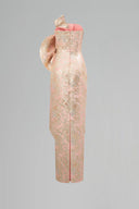 Dipped Waist Draped Metallic Jacquard Strapless Column Gown for women, from IHF ATELIER, The Viet Concept