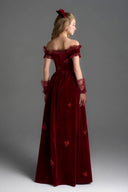 IHF STUDIO • Noir Velvet Ruffle Maxi Dress with Heart-Shaped Crystal Embellishment