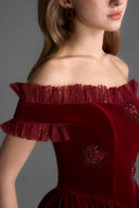 IHF STUDIO • Noir Velvet Ruffle Maxi Dress with Heart-Shaped Crystal Embellishment