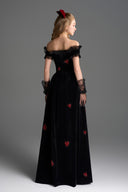IHF STUDIO • Noir Velvet Ruffle Maxi Dress with Heart-Shaped Crystal Embellishment