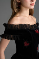 IHF STUDIO • Noir Velvet Ruffle Maxi Dress with Heart-Shaped Crystal Embellishment