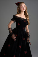 IHF STUDIO • Noir Velvet Ruffle Maxi Dress with Heart-Shaped Crystal Embellishment