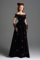 IHF STUDIO • Noir Velvet Ruffle Maxi Dress with Heart-Shaped Crystal Embellishment