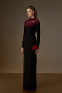 IHF ATELIER • Burgundy Floral Crystal Embellished Column Gown