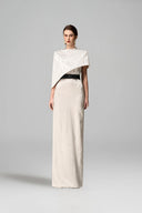 IHF ATELIER • White Metallic Striped Silk Column Gown with Asymmetric Cape