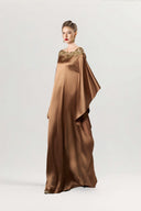 Imperial Aura Off-Shoulder Silk Caftan with Gold Embroidery for women, from GVLUX, The Viet Concept 