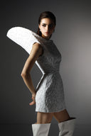 Stillpoint Asymmetric Silver Lace Structured Mini Dress for women, from SORAMAME, The Viet Concept