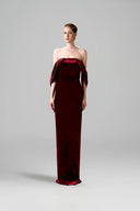 IHF ATELIER • Azure Grace Strapless Pleated Sleeve Column Gown In Blue Grain Velvet