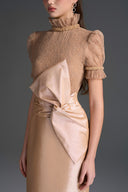IHF STUDIO • Vine Guipure Lace & Taffeta Column Dress with Draped Bow
