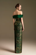 Off-Shoulder Metallic Jacquard Column Gown with Symmetric Bows for women, from IHF ATELIER, The Viet Concept 