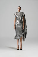 Selenophile Metallic Satin Lamé Draped Cowl Neck Dress for women, from SORAMAME, The Viet Concept
