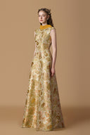 Verdara Green Metallic Jacquard Deconstructed Collar A-Line Gown for women, from IHF ATELIER, The Viet Concept