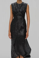 Wandering Noir Draped Lamé Cut-Out Midi Dress for women, from SORAMAME, The Viet Concept