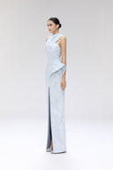 Orbic Lace Denim Jacquard Cowl Neck Cut-Out Maxi Dress for women, from SORAMAME, The Viet Concept