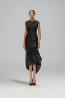Wandering Noir Draped Lamé Cut-Out Midi Dress for women, from SORAMAME, The Viet Concept