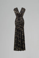 Black Metallic Striped Chiffon V-Neck Draped A-Line Evening Gown for women, from IHF ATELIER, The Viet Concept