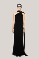 Black Ellen Blouson Scarf Neck Velvet Floor Length Dress for women, from Das  La Vie, The Viet Concept 
