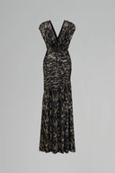 Black Metallic Striped Chiffon V-Neck Draped A-Line Evening Gown for women, from IHF ATELIER, The Viet Concept