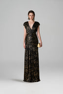 Black Metallic Striped Chiffon V-Neck Draped A-Line Evening Gown for women, from IHF ATELIER, The Viet Concept