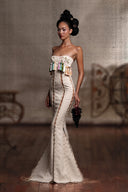 HUELLEY ROSE • Tanari Ivory Crystal-Embellished Lace-Up Mermaid Dress