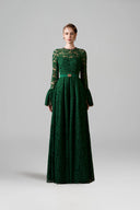 IHF ATELIER • Emerald Reverie French Lace A-Line Gown With Ruffled Sleeves