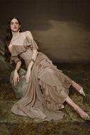 Gaia Mocha Brown Beaded Corset Chiffon Maxi Dress for women, from LINH PHUNG, The Viet Concept