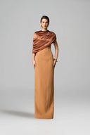 IHF ATELIER • Brown Satin Silk Asymmetric Cape Column Gown