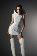 Stillpoint Asymmetric Silver Lace Structured Mini Dress for women, from SORAMAME, The Viet Concept