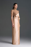 IHF STUDIO • Vine Guipure Lace & Taffeta Column Dress with Draped Bow