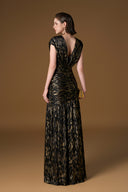 Black Metallic Striped Chiffon V-Neck Draped A-Line Evening Gown for women, from IHF ATELIER, The Viet Concept