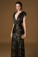 Black Metallic Striped Chiffon V-Neck Draped A-Line Evening Gown for women, from IHF ATELIER, The Viet Concept