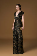 Black Metallic Striped Chiffon V-Neck Draped A-Line Evening Gown for women, from IHF ATELIER, The Viet Concept