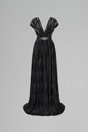 Black Metallic Striped V-Neck A-Line Evening Gown With Belt for women, from IHF ATELIER, The Viet Concept 
