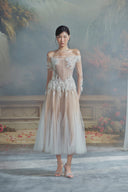 LINH PHUNG • Monika 3D Beaded Lace Off-Shoulder Corset Midi Dress