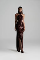 Burgundy Sequin Halter Neck Draped Cut-Out Evening Dress for women, from SORAMAME, The Viet Concept