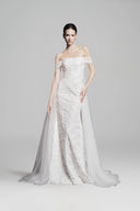 LINH PHUNG • Diorenna Off-Shoulder Embossed Lace Bridal Gown with Detachable Tulle Cape