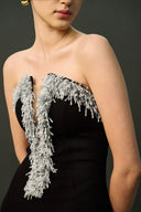 EEGEN STUDIO • Black Strapless Column Dress with Silver Fringe
