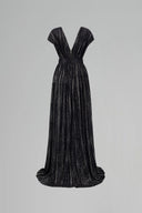 Black Metallic Striped V-Neck A-Line Evening Gown With Belt for women, from IHF ATELIER, The Viet Concept 