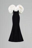  Black & White Mermaid Evening Gown With Draped Rose Shoulders for women, from IIHF ATELIER, The Viet Concept