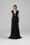 Black Metallic Striped V-Neck A-Line Evening Gown With Belt for women, from IHF ATELIER, The Viet Concept 