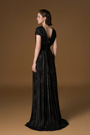 Black Metallic Striped V-Neck A-Line Evening Gown With Belt for women, from IHF ATELIER, The Viet Concept 