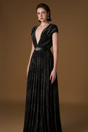 Black Metallic Striped V-Neck A-Line Evening Gown With Belt for women, from IHF ATELIER, The Viet Concept 