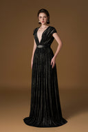 Black Metallic Striped V-Neck A-Line Evening Gown With Belt for women, from IHF ATELIER, The Viet Concept 