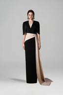 Black Ivory V-Neck Column Gown Asymmetric Draped Mini Cape for women, from IHF ATELIER, The Viet Concept 