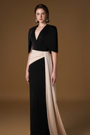 Black Ivory V-Neck Column Gown Asymmetric Draped Mini Cape for women, from IHF ATELIER, The Viet Concept 