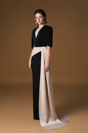Black Ivory V-Neck Column Gown Asymmetric Draped Mini Cape for women, from IHF ATELIER, The Viet Concept 