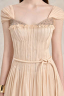 Dilana Embellished Chiffon Pleated A-Line Midi Dress for women, from LINH PHUNG, The Viet Concept