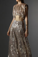 Ochre Ruched Lace Maxi Skirt for women, from SORAMAME, The Viet Concept